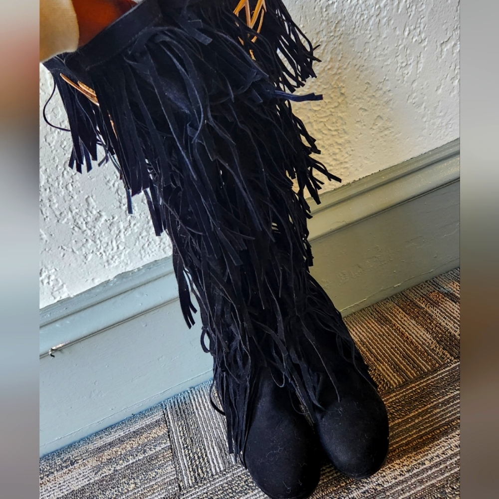 Fringe Stiletto Knee High Black FauxSuede Boot